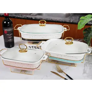 Wholesale luxury gold speckled rectangle shape casserole ceramic buffet food warmer with iron stand