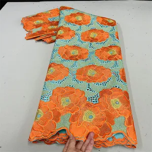 Afrika turuncu İsviçre vual dantel kumaş 2022 yüksek kalite el kesim dantel kumaşlar nijeryalı pamuk dantel kumaş ile taşlar
