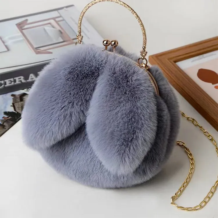 Plush Bag Female Oblique Cross Korean Version Lovely Portable Plush Bag Autumn Winter New Rabbit Ear Clip Mouth Bag