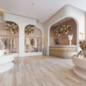 Comptoir de sol laqué pour magasin de vêtements modernes Étagères murales personnalisées Étagères de présentation de vêtements en acier inoxydable Gondole en bois - Product Image 1