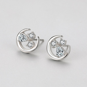 Boucles d'oreilles clous personnalisables en argent sterling S925 avec zircone taille ronde, thème étoile et lune, version cuivre, pour femme - Product Image 4