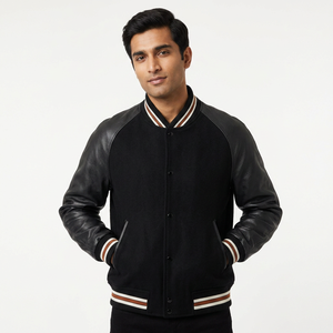 Veste universitaire en cuir vierge à col rond, avec logo brodé, manches longues, style streetwear pour hommes, vente en gros - Product Image 1