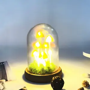 El yapımı cam el sanatları şeffaf cloche kavanoz ve LED ışıkları yapay mantar ev dekorasyon için