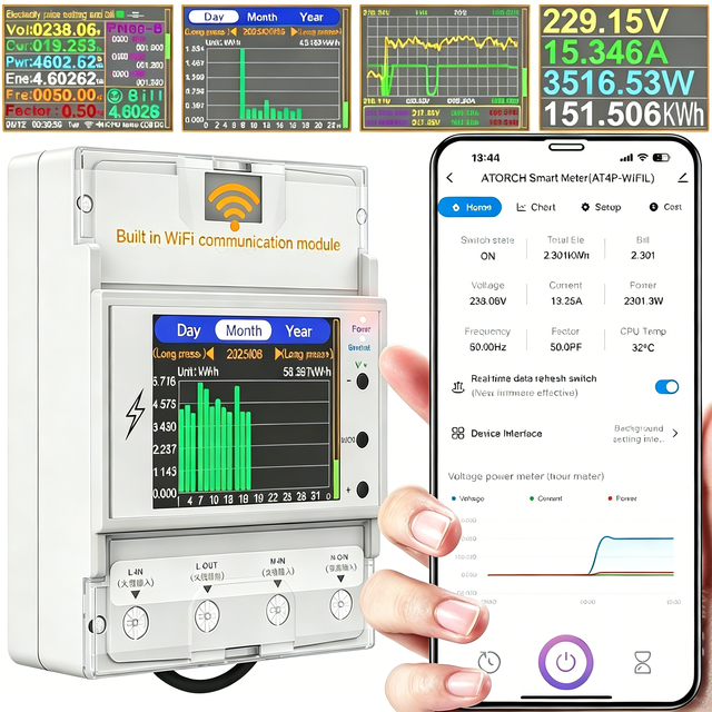 AT4PWSL AC85-265V 100A Tuya WIFI Din Rail Smart Switch Remote Control Digital Power Energy Volt Amp Kwh Frequency Factor Meter