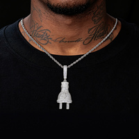 Collar de Lujo con Colgante de Campana de Iglesia para Hombre, Plata de Ley 925, con Diamante Moissanita Baguette y Colgante con Símbolo de Dólar