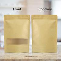 Sachets Doypack personnalisés refermables avec fermeture éclair pour épices, thé et café, en papier kraft brun avec fenêtre transparente