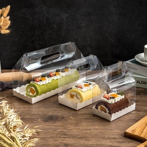 OEM 3in altura elegante largo tapa transparente cajas de embalaje postre transparente rollo suizo pastel pastelería caja con asa