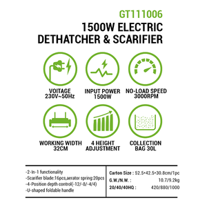 Vertak 1500W Garden 2 en 1 Aérateur de pelouse Dethatche 15 pouces de largeur de travail <span class=keywords><strong>Scarificateur</strong></span> de pelouse filaire pour l'entretien de la petite pelouse - Product Image 3