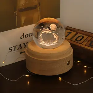 Ocean 3D Crystal Ball Night Light Music Table Lamp Creative Wood Led Table Lamp Touch USB Rechargeable Decoration For Bedroom