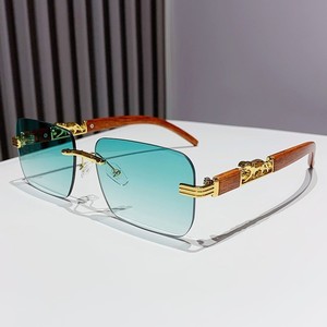 Rimless <b>Gradient</b> <b>Sunglasses</b> Wood Frame Gold Accents Retro Style Unisex UV400 Protection Adult Accessories - Product Image 3
