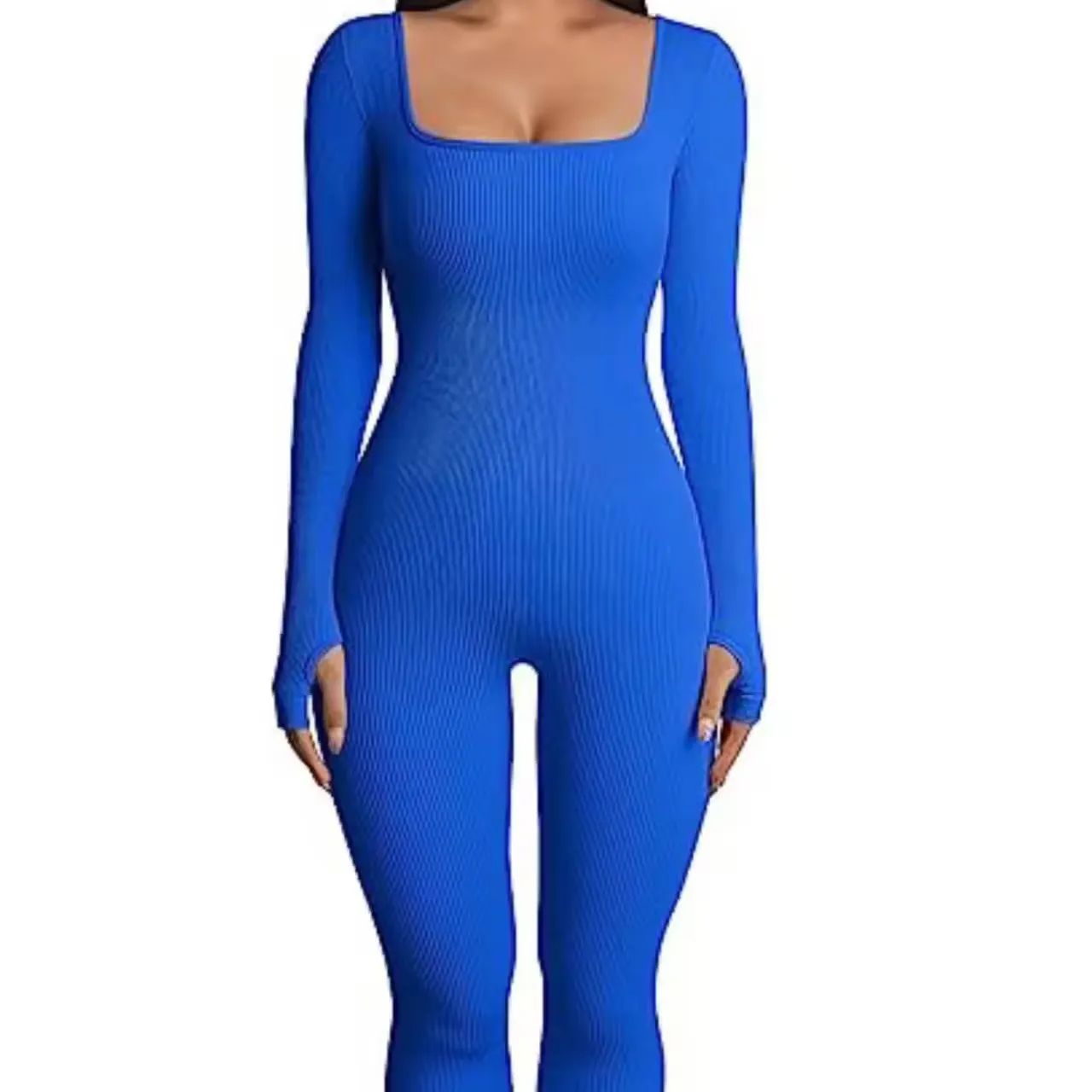 King Mcgreen Star Women's Full-Length Casual Bodysuit Long Sleeve Jumpsuit with Siamese Square Collar Plain Dyed Adult Size