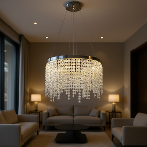 Lámpara colgante de cristal moderna y lujosa, lámpara de techo tipo tambor redonda de 15,7 pulgadas para sala de estar, LED blanco cálido E26 dorado - Product Image 2