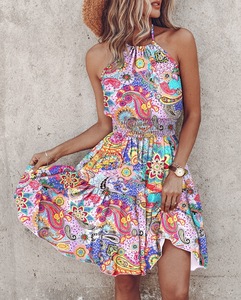 Holidays <b>Style</b> Beach Loose Women Mini Dresses Hot Sell Halter Floral Casual Vestidos Para Mujer Ladies Backless Summer Dress - Product Image 2