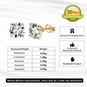 MOE Vente en gros Boucles <span class=keywords><strong>d</strong></span>'oreilles clous en moissanite taille ronde VVS 0,5-4 carats en argent sterling 925 hypoallergénique pour hommes et femmes - Product Image 2