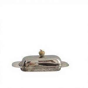 Plateau à beurre réutilisable en métal, qualité supérieure, compatible avec les aliments, avec couvercle à bouton doré, vaisselle, décoration de table - Product Image 1