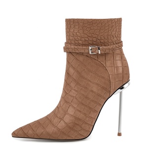 Botines de tacón de aguja metálicos súper delgados para mujer, talla grande 45, ajuste ancho, zapatos de tacón alto, estampado de piedra, cortos - Product Image 2