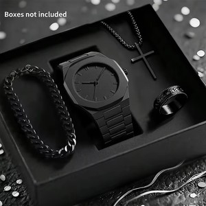 Ensemble cadeau 1158 Cs008, quatre pièces, bagues, bracelets, colliers noirs, montre à quartz musulmane sans boîte, montre arabe en plastique Aura pour hommes - Product Image 1