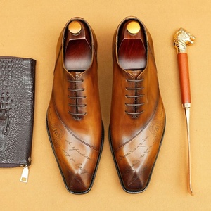 Men's Genuine Leather Pointed Toe Oxfords <b>Height</b> <b>Increasing</b> Office Career Dress <b>Shoes</b> With Embossed Print Pattern - Product Image 3