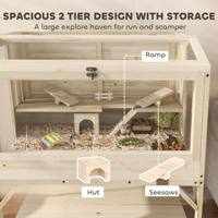 Cage pour petits animaux en bois de sapin écologique moderne, nichoir surélevé pour hamster avec étagère de rangement, toit ouvrable et fenêtre de vue pour le jeu
