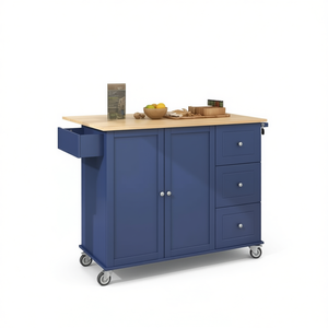 Carrito de Cocina Rodante con Tapa de Madera Maciza Azul Oscuro, con Hoja Abatible y Ruedas con Bloqueo, Gabinete de Almacenamiento de 52.7 Pulgadas - Product Image 1