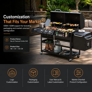 Parrilla de Carbón y Gas de Cuatro Quemadores de Hierro Fundido para Acampar al Aire Libre, Parrilla para Barbacoa con Ahumador Lateral con Acabado Revestido para Reuniones Familiares - Product Image 4
