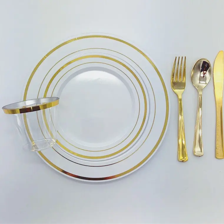 Servizio di plastica per la cena di nozze elegante Set di stoviglie in oro