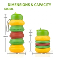 Bouteille d'eau portable pliable en silicone motif dessin animé avec paille, anti-fuite, sans BPA, réutilisable, pour le camping, la randonnée et le sport