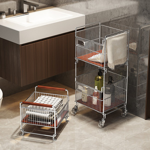 Panier de rangement pour vêtements sales en fer <span class=keywords><strong>à</strong></span> double couche moyen ancien <span class=keywords><strong>chariot</strong></span> mobile domestique avec roues de séparation paniers sacs <span class=keywords><strong>à</strong></span> <span class=keywords><strong>linge</strong></span> - Product Image 1