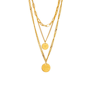 Multi Layer Gold Stainless Steel Necklace With Engraved Round Pendant For Gift - Product Image 5