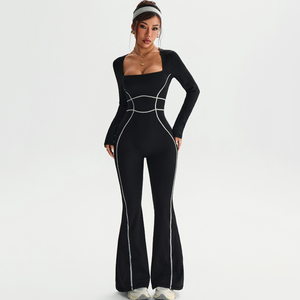 女式无缝纯色尼龙/氨纶瑜伽连身裤 - 透气四向弹力喇叭裤无袖健身服 - Product Image 1