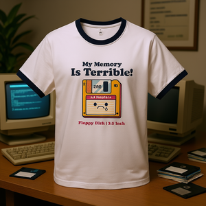 Camiseta con diseño de disquete de 3.5 pulgadas, estilo Ringer blanco, con la frase 'My Memory Is Terrible' - Product Image 3