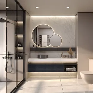 Современный дюймовый туалетный столик для ванной комнаты светодиодный умный Серебряный зеркальный шкаф для хранения ванной комнаты с двойной мраморной раковиной