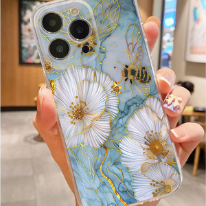 เคสโทรศัพท์มือถือลายดอกไม้สีขาวลาย<span class=keywords><strong>ผึ้ง</strong></span>พิมพ์ลาย Art Gold Line  วัสดุ TPU นิ่มใส สำหรับ iPhone 11 12 13 14 15 16 17 Pro Max Air - Product Image 3