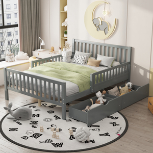 Cama Moderna con Plataforma de Madera Maciza, Barandas Laterales y Dos Cajones de Almacenamiento, Ecológica y Duradera, Color Gris - Product Image 3