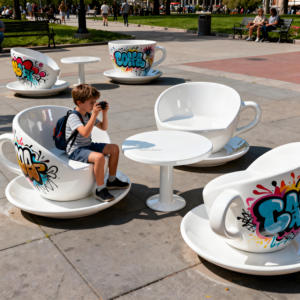 Set Tavolo e Sedie <span class=keywords><strong>da</strong></span> Esterno a Forma di Tazza <span class=keywords><strong>da</strong></span> Caffè in Fibra di Vetro Personalizzato, Moderno e Resistente, per Hotel, Scuole, Ingressi, Ospedali, Caffetterie - Product Image 1