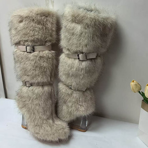 נעלי נשים חדשות עם עקב טריז אופנתיות עד הברך עם אבזם פרווה נעלי מסיבה לחורף לנשים - Product Image 2