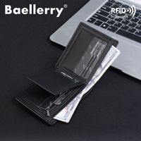Dompet Kartu Pendek Fungsional Kulit PU Jahitan Minimalis Dua Lipat Baellerry, Dompet Koin Pria, Dompet Rfid Kecil Tipis