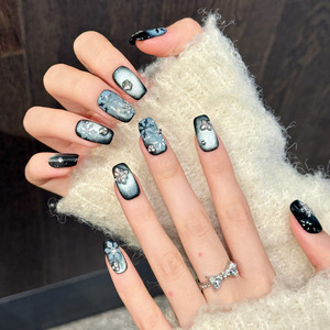 Design # 3431 Ongles artificiels carrés faits à la main, motif flocon de neige 3D avec strass, effet œil de chat <span class=keywords><strong>bleu</strong></span> foncé, à presser - Product Image 6