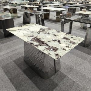 Snow Mountain <span class=keywords><strong>Blue</strong></span> Luxury Stone Mesa de comedor de mármol rectangular moderna Patas de <span class=keywords><strong>metal</strong></span> 6 asientos Hotel Villa Muebles de restaurante - Product Image 3