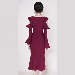 Dames Hors épaule Profonde V Cou Manches Longues Sexy Sirène Cocktail Boutique Volants Robe de Bandage - Product Image 3