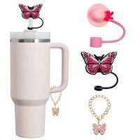 Lot de 3 capuchons de paille papillon en silicone avec breloque papillon et chaîne pour gobelet à poignée