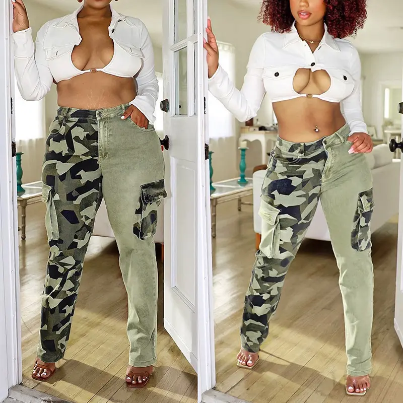 2023 Fall Women Clothing Slim Cargo Pants Camouflage Patchwork Denim Jeans For Women