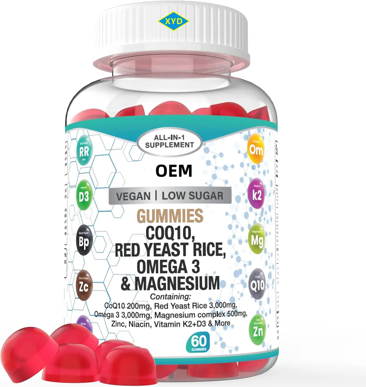 OEM özel etiket mayalı kırmızı pirinç xt xt magnezyum Gummies fabrika kaynağı mayalı kırmızı pirinç magnezyum gumhealth kalp sağlık