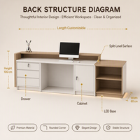 Comptoir de réception moderne avec finition dorée, panneau cannelé en MDF, plateau à niveaux multiples et base LED pour salon de manucure et bureau