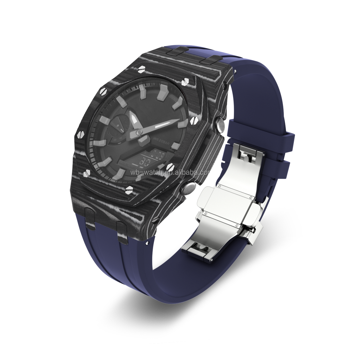 Black And White Carbon Fiber Watch Case+Dark Blue Tape