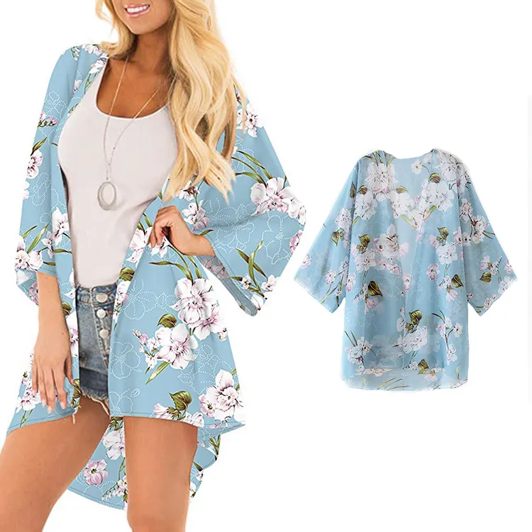 Cárdigan con estampado Floral para mujer, blusa larga de talla grande para playa, azul