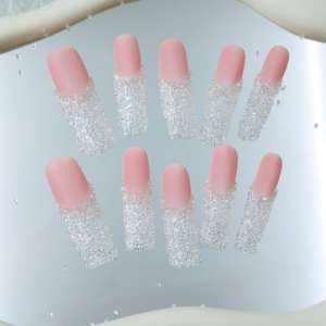 Venta al por mayor de pegatinas de uñas acrílicas de alta gama, hechas a mano, uñas postizas largas cuadradas de cobertura completa con diseño de diamantes triturados, personalizables. - Product Image 3