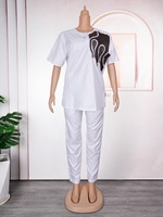 Afrikanisches Übergrößen-Set: Besticktes Kurzarm-Tunika-Oberteil mit Hose für Damen, Paar-Matching, Locker Sitzend, Lässig, Maßanfertigung OEM