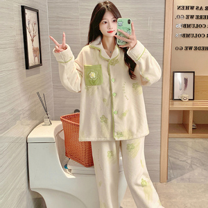 Pijamas de invierno para mujer, cárdigan de franela, solapa, dibujos animados, pijama dulce, traje, conjuntos de ropa de dormir - Product Image 5