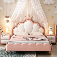 Lit en bois massif avec couronne de princesse en cuir et espace de rangement, meubles de chambre à coucher pour filles
